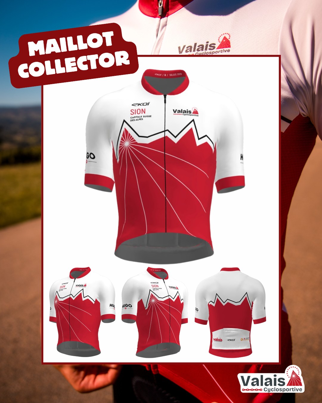 🚴‍♂️🎽 Découvrez le maillot officiel collector de la toute première Cyclosportive du Valais ! 

Bien plus qu'un simple maillot, il sera le symbole de cette première édition historique et accompagnera chaque cycliste sur les routes valaisannes. Offert à l'ensemble des participants, il deviendra le souvenir d'une aventure sportive et humaine unique.

Ses couleurs ne laissent aucun doute sur son identité : le rouge et le blanc emblématiques du Valais. Son design met en scène les reliefs majestueux qui façonnent notre canton, entre vignobles, vallées et sommets alpins. Les lignes qui s'élancent depuis le cœur du maillot évoquent les routes qui serpentent vers les cols, les rayons du soleil sur les coteaux et l'énergie de chaque coup de pédale.

Les étoiles, véritable signature du Valais, rappellent notre drapeau et incarnent l'esprit de fierté, d'appartenance et de dépassement qui animera cette première Cyclosportive.

À travers ce maillot, nous voyons la silhouette des montagnes qui bordent le Rhône, les premières lueurs du matin sur les cimes, les grands cols légendaires, les vignobles en terrasses et cette sensation incomparable de liberté que procure le vélo en terre valaisanne.

🎽 Un maillot à porter avec fierté.
⛰️ Un territoire à découvrir.
🚴 Une histoire à écrire ensemble.

Le 1er août, les routes du Valais auront leurs couleurs. Les vôtres.

#CyclosportiveDuValais #Valais #Sion #Cyclisme #RideValais  #ValaisSuisse