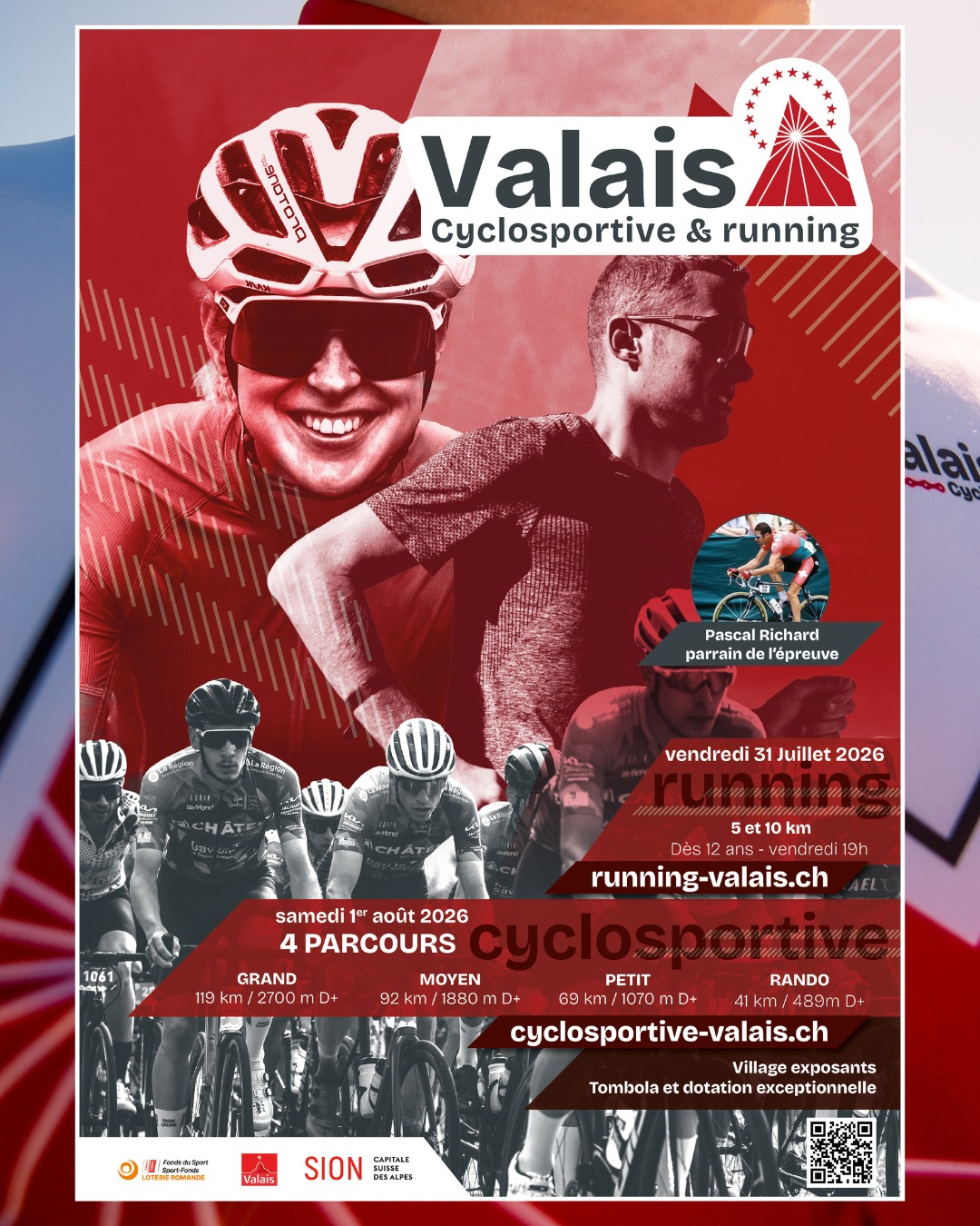 🆕🚵 Nouvelle épreuve Cyclosportive & Running ! 🇨🇭

🗓 31 juillet & 1er aout 2026 à @sioncapitale - @valaiswallis,  Suisse.

🏃‍♂️ 𝐑𝐔𝐍𝐍𝐈𝐍𝐆 – Vendredi 31 juillet à 19h, à partir de 12 ans
🔁 5 ou 10 KM, selon votre envie
🌉 7 ponts et passerelles seront empruntés : insolite 

🚴 𝗥𝗢𝗨𝗧𝗘 – Samedi 1er aout 
« Rando » - 41 km / 489m D+
« Petit » - 69 km / 1070m D+
« Moyen » - 92 km / 1880m D+
« Grand » - 119 km / 2700m D+

🩺 Épreuve ouverte à tous : avec licence, certificat médical ou décharge de responsabilité 
🎽 Maillot collector offert à tous (𝑐𝑦𝑐𝑙𝑜)
🧀 Sac de bienvenue avec produits locaux
🎪 Village exposants
🎖️ Médaille finisher
🏆 Récompenses par catégories d’âge & tombola
⛑️ Assistance médicale et sécurité en course
🔒 Accès parc vélo / consignes vêtements
🚗 Parkings à proximité
👑 Pascal Richard, parrain de l’épreuve
🍴 Repas local d’après course (𝑐𝑦𝑐𝑙𝑜)
🌭 Ravitaillements locaux sur le parcours (𝑐𝑦𝑐𝑙𝑜)

👷‍♂️ Par les organisateurs de @thonon_cycling_running_race - @cyclo_running_babybel - @bordeauxparis_ - @cyclo_running_lavachequirit - @cyclo_running_barsuraube - @cyclosportive_portesdusoleil - @cyclosportive_runningmontblanc - @cyclosportive_rondepicarde - @chablaislemansportorganisation 

🚨Offre FLASH : -1️⃣0️⃣% si vous vous inscrivez dans les 48h avec le code VALAIS2026 (avant ce JEUDI 20h) 🚨

𝐈𝐧𝐟𝐨𝐫𝐦𝐚𝐭𝐢𝐨𝐧𝐬 & 𝐢𝐧𝐬𝐜𝐫𝐢𝐩𝐭𝐢𝐨𝐧𝐬 ⤵️
✍️ https://cyclosportive-valais.ch

#CyclosportiveValais #Valais2026 #Cyclosportive #Cyclisme #Running #CourseÀPied #Sion #Valais #Suisse #Granfondo #RideInSwitzerland #RunningSuisse #RunInSion #RunValais #EKOI #SMH #CLSO @sportvalais @sionmaville @cantonvs_kantonvs